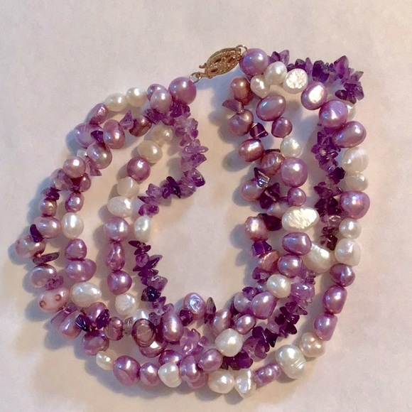 Ross-Simons Genuine Amethyst Freshwater Pearl 4 Strand Necklace Bracelet Set 10k - Picture 4 of 7